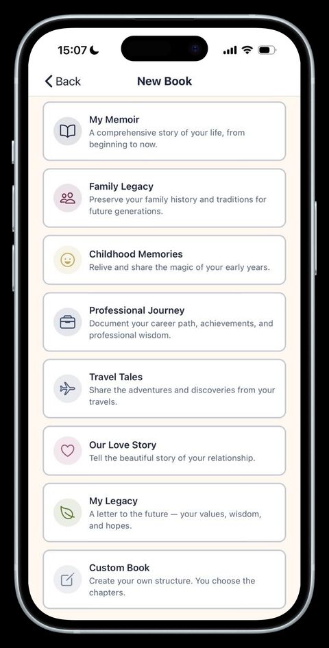 Available book types in Pantheon — memoir, family legacy, travel, love story, and more.